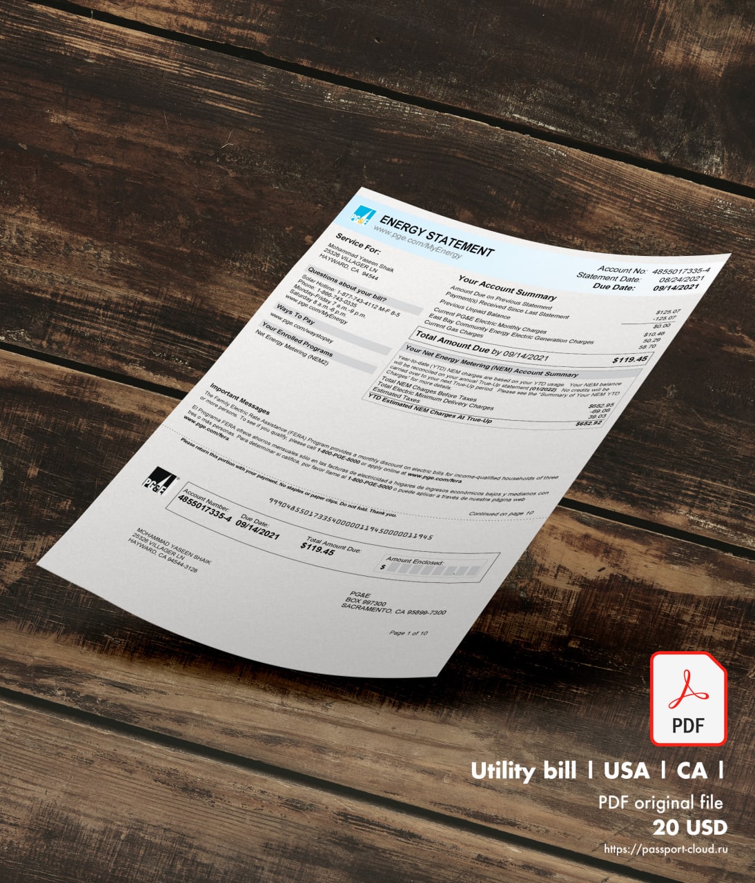 Utility bill | PGE | USA | CA-0